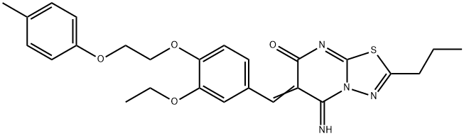 6-{3-ethoxy-4-[2-(4-methylphenoxy)ethoxy]benzylidene}-5-imino-2-propyl-5,6-dihydro-7H-[1,3,4]thiadiazolo[3,2-a]pyrimidin-7-one Struktur