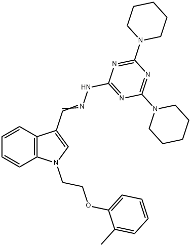 1-[2-(2-methylphenoxy)ethyl]-1H-indole-3-carbaldehyde (4,6-dipiperidin-1-yl-1,3,5-triazin-2-yl)hydrazone Struktur