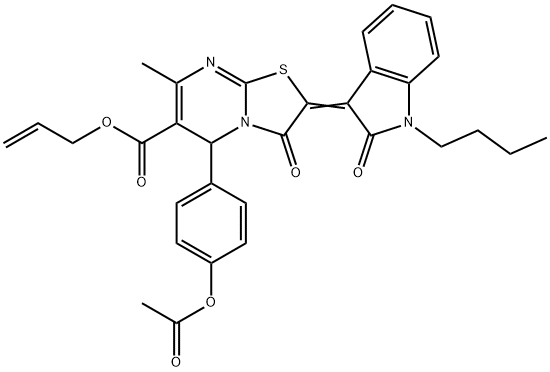 allyl 5-[4-(acetyloxy)phenyl]-2-(1-butyl-2-oxo-1,2-dihydro-3H-indol-3-ylidene)-7-methyl-3-oxo-2,3-dihydro-5H-[1,3]thiazolo[3,2-a]pyrimidine-6-carboxylate Struktur