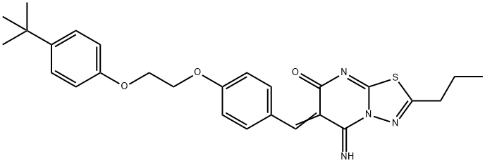 6-{4-[2-(4-tert-butylphenoxy)ethoxy]benzylidene}-5-imino-2-propyl-5,6-dihydro-7H-[1,3,4]thiadiazolo[3,2-a]pyrimidin-7-one Struktur