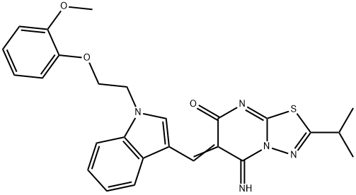 5-imino-2-isopropyl-6-({1-[2-(2-methoxyphenoxy)ethyl]-1H-indol-3-yl}methylene)-5,6-dihydro-7H-[1,3,4]thiadiazolo[3,2-a]pyrimidin-7-one Struktur