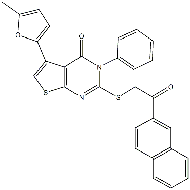 5-(5-methyl-2-furyl)-2-{[2-(2-naphthyl)-2-oxoethyl]sulfanyl}-3-phenylthieno[2,3-d]pyrimidin-4(3H)-one Struktur