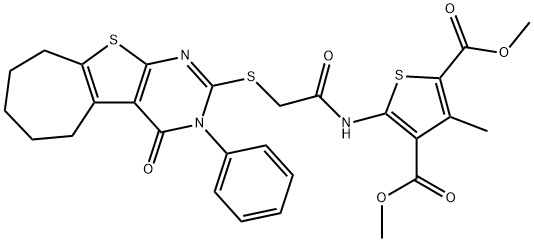 dimethyl 3-methyl-5-({[(4-oxo-3-phenyl-3,5,6,7,8,9-hexahydro-4H-cyclohepta[4,5]thieno[2,3-d]pyrimidin-2-yl)sulfanyl]acetyl}amino)-2,4-thiophenedicarboxylate Struktur