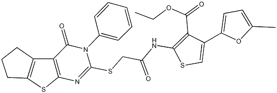 ethyl 4-(5-methyl-2-furyl)-2-({[(4-oxo-3-phenyl-3,5,6,7-tetrahydro-4H-cyclopenta[4,5]thieno[2,3-d]pyrimidin-2-yl)sulfanyl]acetyl}amino)-3-thiophenecarboxylate Struktur