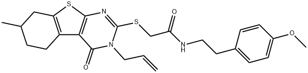 2-[(3-allyl-7-methyl-4-oxo-3,4,5,6,7,8-hexahydro[1]benzothieno[2,3-d]pyrimidin-2-yl)sulfanyl]-N-[2-(4-methoxyphenyl)ethyl]acetamide Struktur