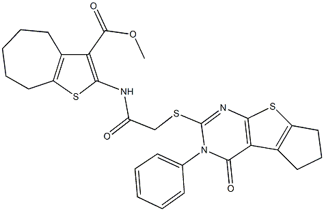 methyl 2-({[(4-oxo-3-phenyl-3,5,6,7-tetrahydro-4H-cyclopenta[4,5]thieno[2,3-d]pyrimidin-2-yl)sulfanyl]acetyl}amino)-5,6,7,8-tetrahydro-4H-cyclohepta[b]thiophene-3-carboxylate Struktur