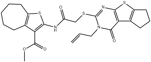 methyl 2-({[(3-allyl-4-oxo-3,5,6,7-tetrahydro-4H-cyclopenta[4,5]thieno[2,3-d]pyrimidin-2-yl)sulfanyl]acetyl}amino)-5,6,7,8-tetrahydro-4H-cyclohepta[b]thiophene-3-carboxylate Struktur