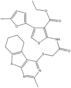 ethyl 4-(5-methyl-2-furyl)-2-({[(2-methyl-5,6,7,8-tetrahydro[1]benzothieno[2,3-d]pyrimidin-4-yl)sulfanyl]acetyl}amino)-3-thiophenecarboxylate Struktur