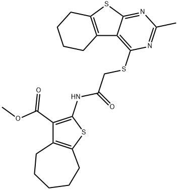 methyl 2-({[(2-methyl-5,6,7,8-tetrahydro[1]benzothieno[2,3-d]pyrimidin-4-yl)sulfanyl]acetyl}amino)-5,6,7,8-tetrahydro-4H-cyclohepta[b]thiophene-3-carboxylate Struktur