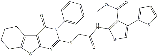 methyl 2-({[(3-phenyl-4-oxo-3,4,5,6,7,8-hexahydro[1]benzothieno[2,3-d]pyrimidin-2-yl)sulfanyl]acetyl}amino)-2',4-bithiophene-3-carboxylate Struktur