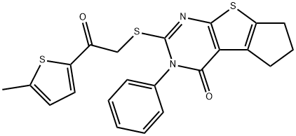 2-{[2-(5-methyl-2-thienyl)-2-oxoethyl]sulfanyl}-3-phenyl-3,5,6,7-tetrahydro-4H-cyclopenta[4,5]thieno[2,3-d]pyrimidin-4-one Struktur