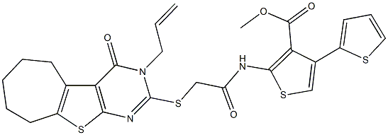 methyl 2-({[(3-allyl-4-oxo-3,5,6,7,8,9-hexahydro-4H-cyclohepta[4,5]thieno[2,3-d]pyrimidin-2-yl)sulfanyl]acetyl}amino)-2',4-bithiophene-3-carboxylate Struktur