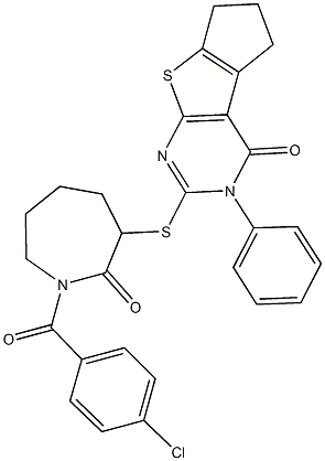 2-{[1-(4-chlorobenzoyl)-2-oxo-3-azepanyl]sulfanyl}-3-phenyl-3,5,6,7-tetrahydro-4H-cyclopenta[4,5]thieno[2,3-d]pyrimidin-4-one Struktur