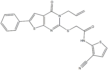 2-[(3-allyl-4-oxo-6-phenyl-3,4-dihydrothieno[2,3-d]pyrimidin-2-yl)sulfanyl]-N-(3-cyano-2-thienyl)acetamide Struktur