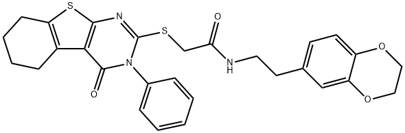 N-[2-(2,3-dihydro-1,4-benzodioxin-6-yl)ethyl]-2-[(4-oxo-3-phenyl-3,4,5,6,7,8-hexahydro[1]benzothieno[2,3-d]pyrimidin-2-yl)sulfanyl]acetamide Struktur