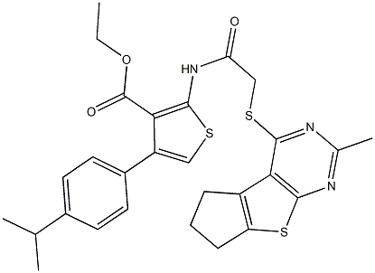 ethyl 4-(4-isopropylphenyl)-2-({[(2-methyl-6,7-dihydro-5H-cyclopenta[4,5]thieno[2,3-d]pyrimidin-4-yl)sulfanyl]acetyl}amino)thiophene-3-carboxylate Struktur