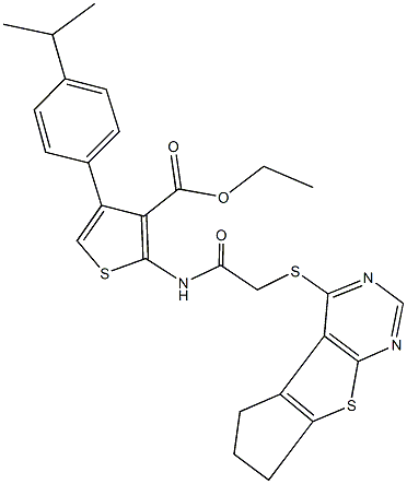 ethyl 2-{[(6,7-dihydro-5H-cyclopenta[4,5]thieno[2,3-d]pyrimidin-4-ylsulfanyl)acetyl]amino}-4-(4-isopropylphenyl)thiophene-3-carboxylate Struktur