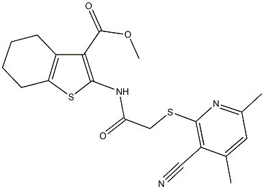 methyl 2-({[(3-cyano-4,6-dimethylpyridin-2-yl)sulfanyl]acetyl}amino)-4,5,6,7-tetrahydro-1-benzothiophene-3-carboxylate Struktur