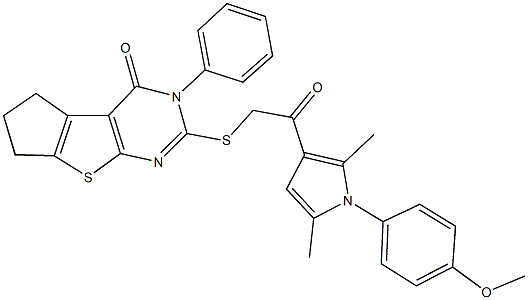 2-({2-[1-(4-methoxyphenyl)-2,5-dimethyl-1H-pyrrol-3-yl]-2-oxoethyl}sulfanyl)-3-phenyl-3,5,6,7-tetrahydro-4H-cyclopenta[4,5]thieno[2,3-d]pyrimidin-4-one Struktur