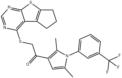 2-(6,7-dihydro-5H-cyclopenta[4,5]thieno[2,3-d]pyrimidin-4-ylsulfanyl)-1-{2,5-dimethyl-1-[3-(trifluoromethyl)phenyl]-1H-pyrrol-3-yl}ethanone Struktur