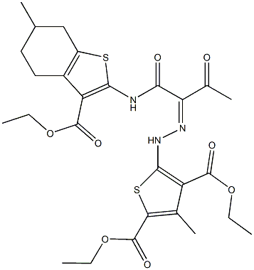 diethyl 5-{2-[1-({[3-(ethoxycarbonyl)-6-methyl-4,5,6,7-tetrahydro-1-benzothien-2-yl]amino}carbonyl)-2-oxopropylidene]hydrazino}-3-methyl-2,4-thiophenedicarboxylate Struktur