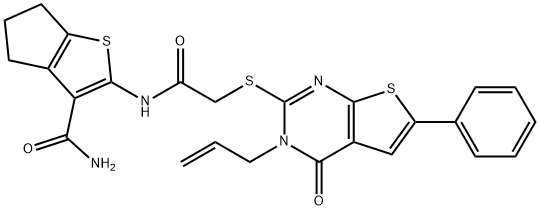 2-({[(3-allyl-4-oxo-6-phenyl-3,4-dihydrothieno[2,3-d]pyrimidin-2-yl)sulfanyl]acetyl}amino)-5,6-dihydro-4H-cyclopenta[b]thiophene-3-carboxamide Struktur