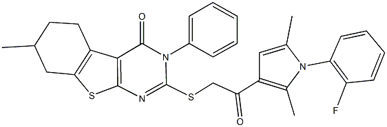 2-({2-[1-(2-fluorophenyl)-2,5-dimethyl-1H-pyrrol-3-yl]-2-oxoethyl}sulfanyl)-7-methyl-3-phenyl-5,6,7,8-tetrahydro[1]benzothieno[2,3-d]pyrimidin-4(3H)-one Struktur