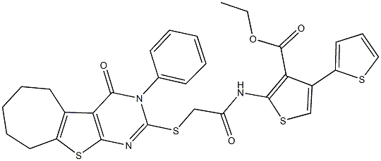 ethyl 2-({[(3-phenyl-4-oxo-3,5,6,7,8,9-hexahydro-4H-cyclohepta[4,5]thieno[2,3-d]pyrimidin-2-yl)sulfanyl]acetyl}amino)-2',4-bithiophene-3-carboxylate Struktur