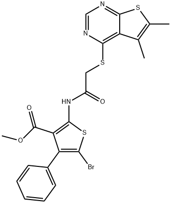 methyl 5-bromo-2-({[(5,6-dimethylthieno[2,3-d]pyrimidin-4-yl)sulfanyl]acetyl}amino)-4-phenylthiophene-3-carboxylate Struktur