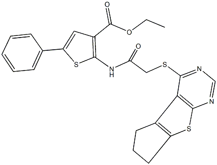 ethyl 2-{[(6,7-dihydro-5H-cyclopenta[4,5]thieno[2,3-d]pyrimidin-4-ylsulfanyl)acetyl]amino}-5-phenyl-3-thiophenecarboxylate Struktur