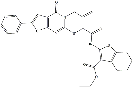 ethyl 2-({[(3-allyl-4-oxo-6-phenyl-3,4-dihydrothieno[2,3-d]pyrimidin-2-yl)sulfanyl]acetyl}amino)-4,5,6,7-tetrahydro-1-benzothiophene-3-carboxylate Struktur