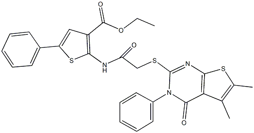 ethyl 2-({[(5,6-dimethyl-4-oxo-3-phenyl-3,4-dihydrothieno[2,3-d]pyrimidin-2-yl)sulfanyl]acetyl}amino)-5-phenyl-3-thiophenecarboxylate Struktur