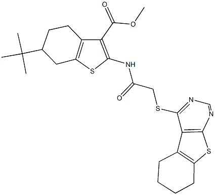 methyl 6-tert-butyl-2-{[(5,6,7,8-tetrahydro[1]benzothieno[2,3-d]pyrimidin-4-ylsulfanyl)acetyl]amino}-4,5,6,7-tetrahydro-1-benzothiophene-3-carboxylate Struktur