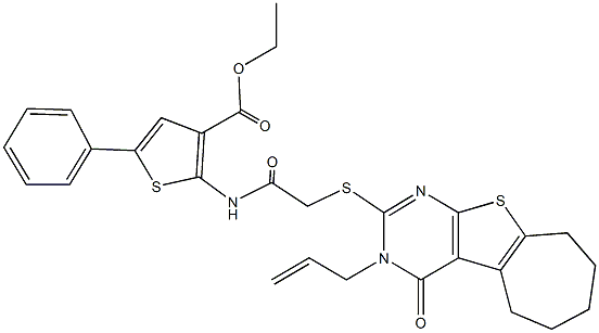 ethyl 2-({[(3-allyl-4-oxo-3,5,6,7,8,9-hexahydro-4H-cyclohepta[4,5]thieno[2,3-d]pyrimidin-2-yl)sulfanyl]acetyl}amino)-5-phenyl-3-thiophenecarboxylate Struktur