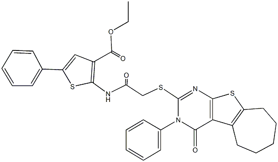 ethyl 2-({[(4-oxo-3-phenyl-3,5,6,7,8,9-hexahydro-4H-cyclohepta[4,5]thieno[2,3-d]pyrimidin-2-yl)sulfanyl]acetyl}amino)-5-phenyl-3-thiophenecarboxylate Struktur