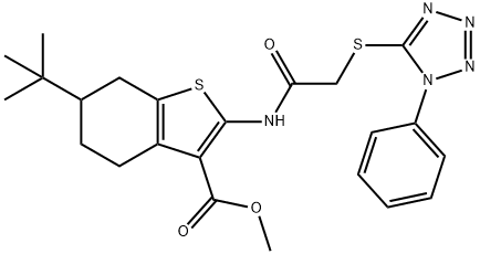 methyl 6-tert-butyl-2-({[(1-phenyl-1H-tetraazol-5-yl)sulfanyl]acetyl}amino)-4,5,6,7-tetrahydro-1-benzothiophene-3-carboxylate Struktur