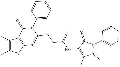 N-(1,5-dimethyl-3-oxo-2-phenyl-2,3-dihydro-1H-pyrazol-4-yl)-2-[(5,6-dimethyl-4-oxo-3-phenyl-3,4-dihydrothieno[2,3-d]pyrimidin-2-yl)sulfanyl]acetamide Struktur