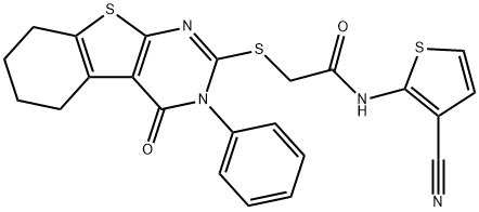 N-(3-cyanothien-2-yl)-2-[(4-oxo-3-phenyl-3,4,5,6,7,8-hexahydro[1]benzothieno[2,3-d]pyrimidin-2-yl)sulfanyl]acetamide Struktur