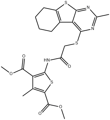 dimethyl 3-methyl-5-({[(2-methyl-5,6,7,8-tetrahydro[1]benzothieno[2,3-d]pyrimidin-4-yl)sulfanyl]acetyl}amino)-2,4-thiophenedicarboxylate Struktur