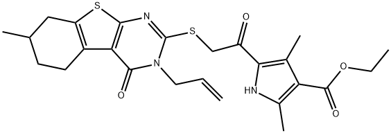 ethyl 5-{[(3-allyl-7-methyl-4-oxo-3,4,5,6,7,8-hexahydro[1]benzothieno[2,3-d]pyrimidin-2-yl)sulfanyl]acetyl}-2,4-dimethyl-1H-pyrrole-3-carboxylate Struktur