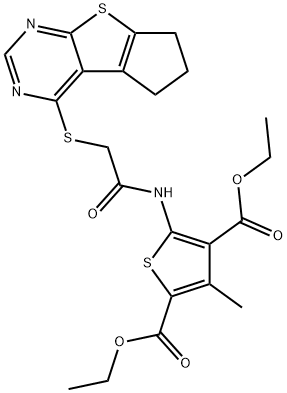 diethyl 5-{[(6,7-dihydro-5H-cyclopenta[4,5]thieno[2,3-d]pyrimidin-4-ylsulfanyl)acetyl]amino}-3-methylthiophene-2,4-dicarboxylate Struktur