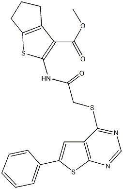 methyl 2-({[(6-phenylthieno[2,3-d]pyrimidin-4-yl)sulfanyl]acetyl}amino)-5,6-dihydro-4H-cyclopenta[b]thiophene-3-carboxylate Struktur