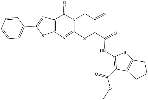 methyl 2-({[(3-allyl-4-oxo-6-phenyl-3,4-dihydrothieno[2,3-d]pyrimidin-2-yl)sulfanyl]acetyl}amino)-5,6-dihydro-4H-cyclopenta[b]thiophene-3-carboxylate Struktur