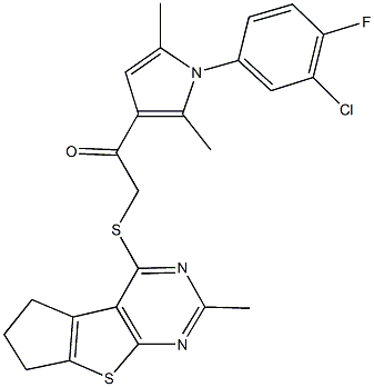 1-[1-(3-chloro-4-fluorophenyl)-2,5-dimethyl-1H-pyrrol-3-yl]-2-[(2-methyl-6,7-dihydro-5H-cyclopenta[4,5]thieno[2,3-d]pyrimidin-4-yl)sulfanyl]ethanone Struktur