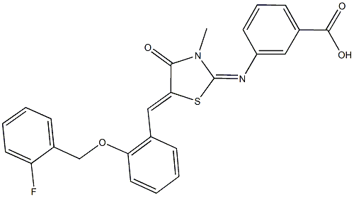 3-[(5-{2-[(2-fluorobenzyl)oxy]benzylidene}-3-methyl-4-oxo-1,3-thiazolidin-2-ylidene)amino]benzoic acid Struktur