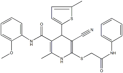 6-[(2-anilino-2-oxoethyl)sulfanyl]-5-cyano-N-(2-methoxyphenyl)-2-methyl-4-(5-methyl-2-thienyl)-1,4-dihydro-3-pyridinecarboxamide Struktur