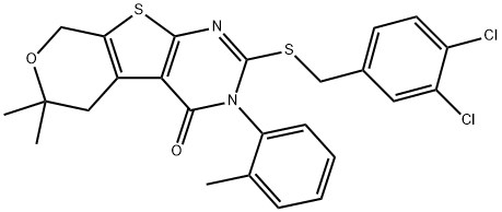 2-[(3,4-dichlorobenzyl)sulfanyl]-6,6-dimethyl-3-(2-methylphenyl)-3,5,6,8-tetrahydro-4H-pyrano[4',3':4,5]thieno[2,3-d]pyrimidin-4-one Struktur