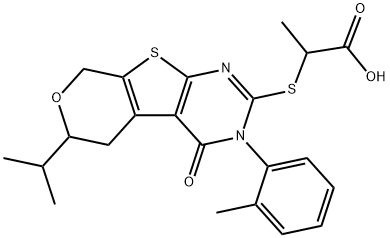 2-{[6-isopropyl-3-(2-methylphenyl)-4-oxo-3,5,6,8-tetrahydro-4H-pyrano[4',3':4,5]thieno[2,3-d]pyrimidin-2-yl]sulfanyl}propanoic acid Struktur