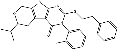 6-isopropyl-3-(2-methylphenyl)-2-[(2-phenylethyl)sulfanyl]-3,5,6,8-tetrahydro-4H-pyrano[4',3':4,5]thieno[2,3-d]pyrimidin-4-one Struktur