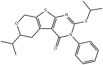 6-isopropyl-2-(isopropylsulfanyl)-3-phenyl-3,5,6,8-tetrahydro-4H-pyrano[4',3':4,5]thieno[2,3-d]pyrimidin-4-one Struktur